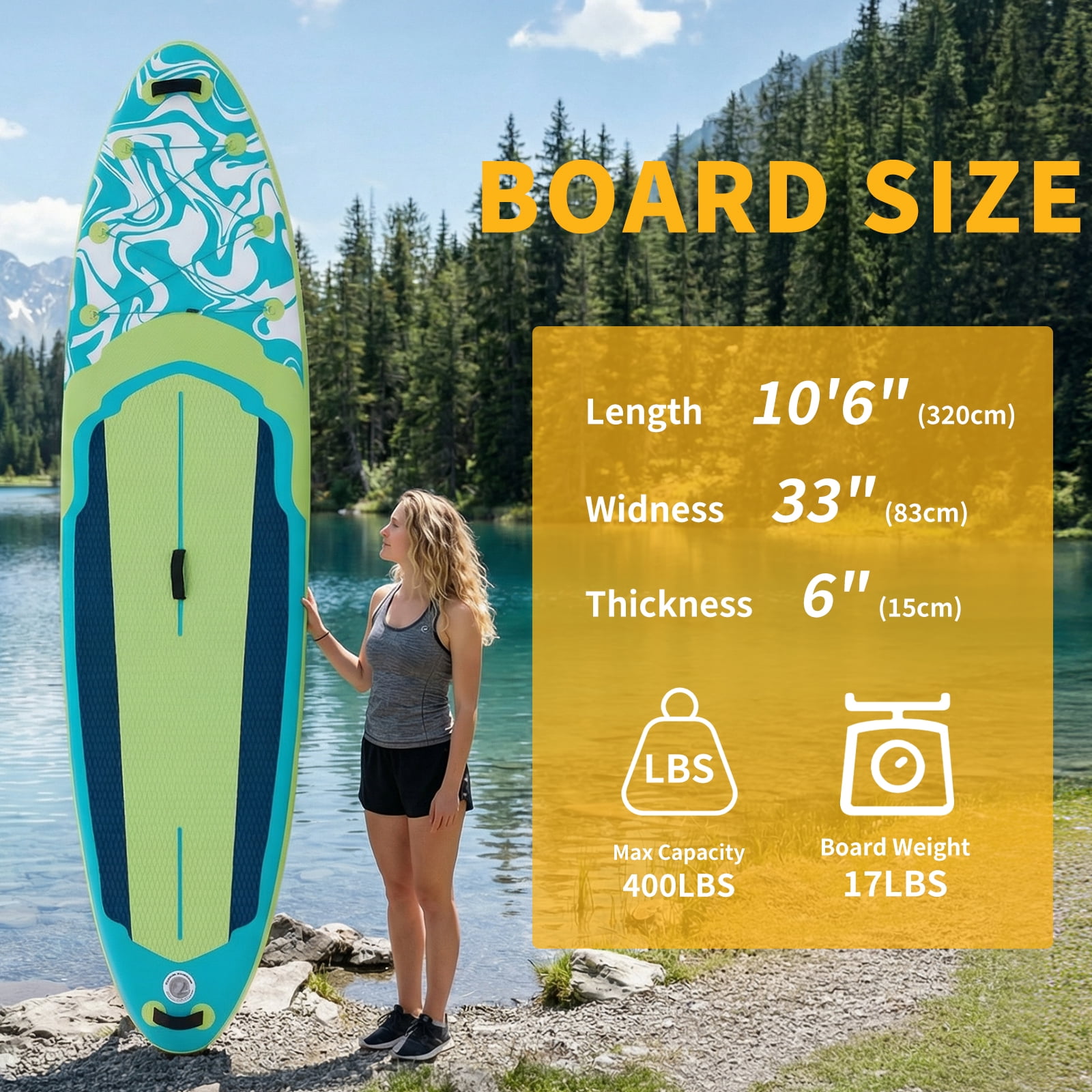 JIOABL 10'5" Inflatable Stand Up Paddle Board, Wide Stable Design, Non-Slip Deck, with Premium SUP Paddle, Pump, Backpack & Leash, Green Blue