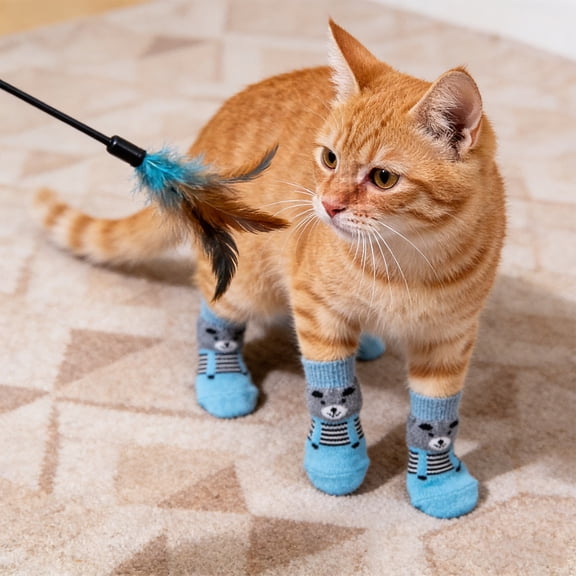 Dog Booties and Paw Protectors, 4Pc Anti-Slip Pet Socks, Puppy Socks, Duck Face Dog Socks, Blue Breathable Knit Paw Wraps with Rubber Bottom Traction for Small Dogs, Cats to