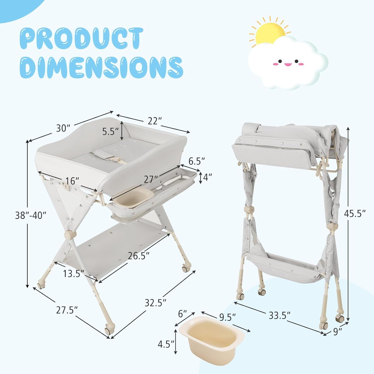 CHTER Portable Baby Changing Table, Foldable Diaper Changing Station w/Wheels, Adjustable Height, Large Storage Rack, Water Basin, Safety Belt, Mobile Nursery Organizer for Newborn Infant (Gray)