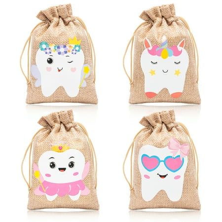 4Pcs Storage Bags for Tooth Holder Keepsake Bags, Rectangular Storage Bags with Princess/Unicorn/Flower Fairy/Sweet Girl Patterns for Girls, 14x10cm