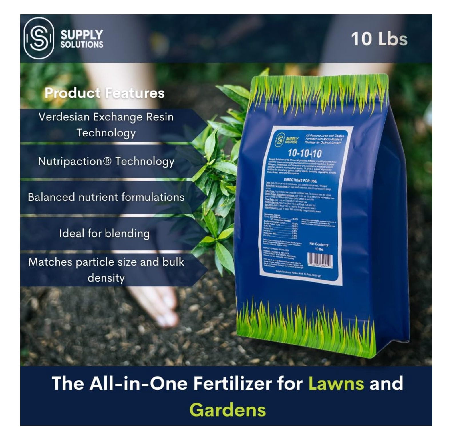 10-10-10 Complete Lawn & Garden Granular Fertilizer with Micronutrients – Balanced NPK Plant Food for Soil Health, & Roots – Safe for Vegetables, Fruits, Lawns (10 Pound)
