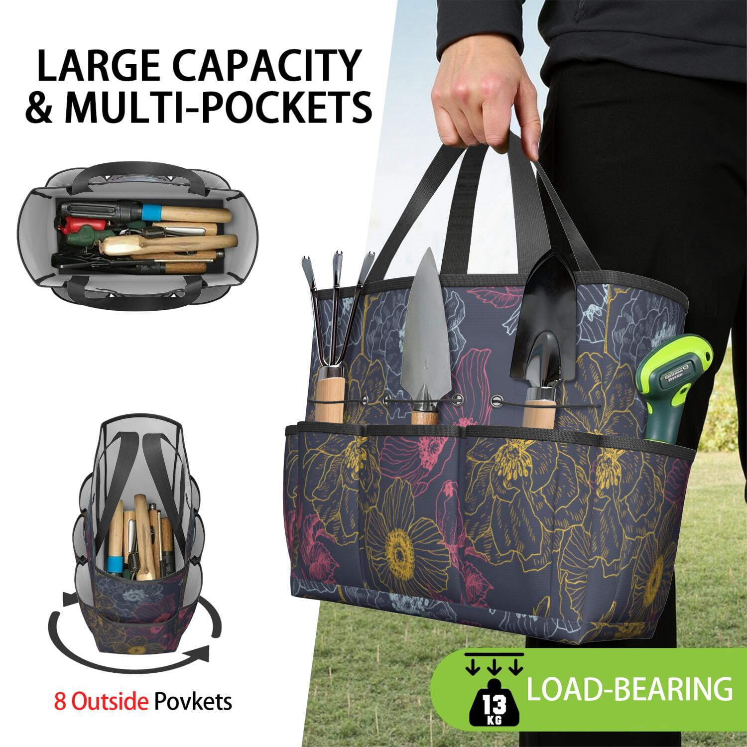 Bright Flowers Garden Tools Bag, Water-proof Oxford Garden Tote Home Organizer Gardening Tool Bag Kit Holder with 8 Pockets for Indoor and Outdoor Gardening(Tools Not Included)