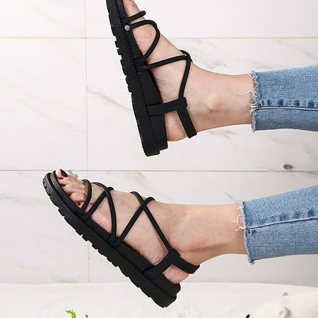 

CAICJ98 Women S Sandals Sandals for Womens Shoes Bohemian Non Slip On Summer Flats Fashion Cute Soft Leather Beaded Slides Casual Platform Open Toe Sandal Black