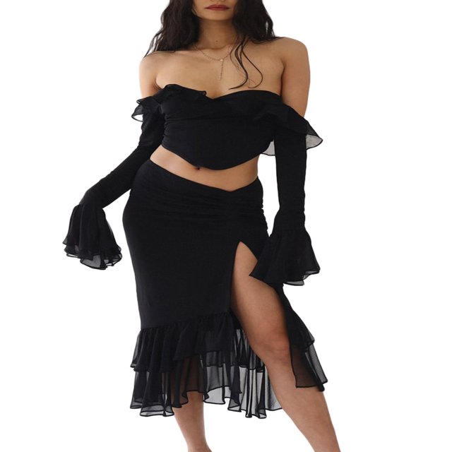 Musuos Women Off Shoulder Sheer Mesh Crop Tops Fringed Irregular Skirt Party Dresses