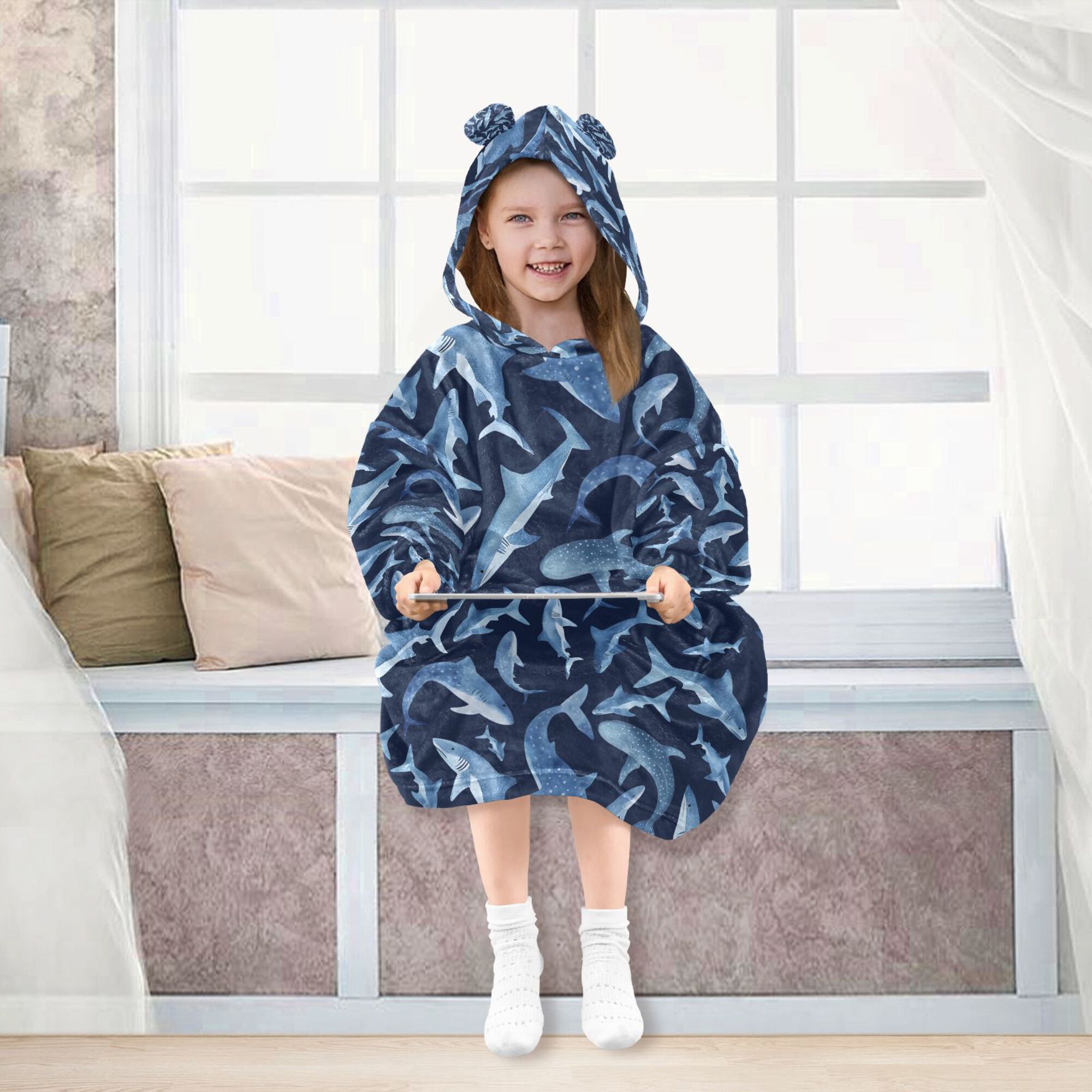 FORMRS Wearable Blanket Hoodie with Sleeves for Kids Cozy Flannel Sweatshirt, Watercolor Shark Pattern