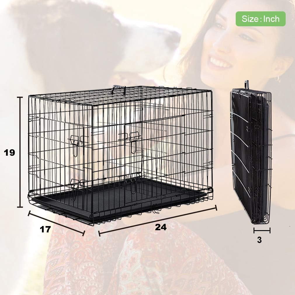 24 inch Dog Crate for Small Dogs Folding Portable Metal Dog Cage Kennel Double Door Pet Crate with Divider and Tray, Black