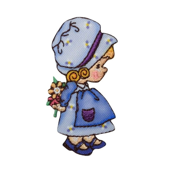 Little Girl - Blue Dress/Bonnet - Holding Flowers - Children - Iron On Embroidered Applique Patch