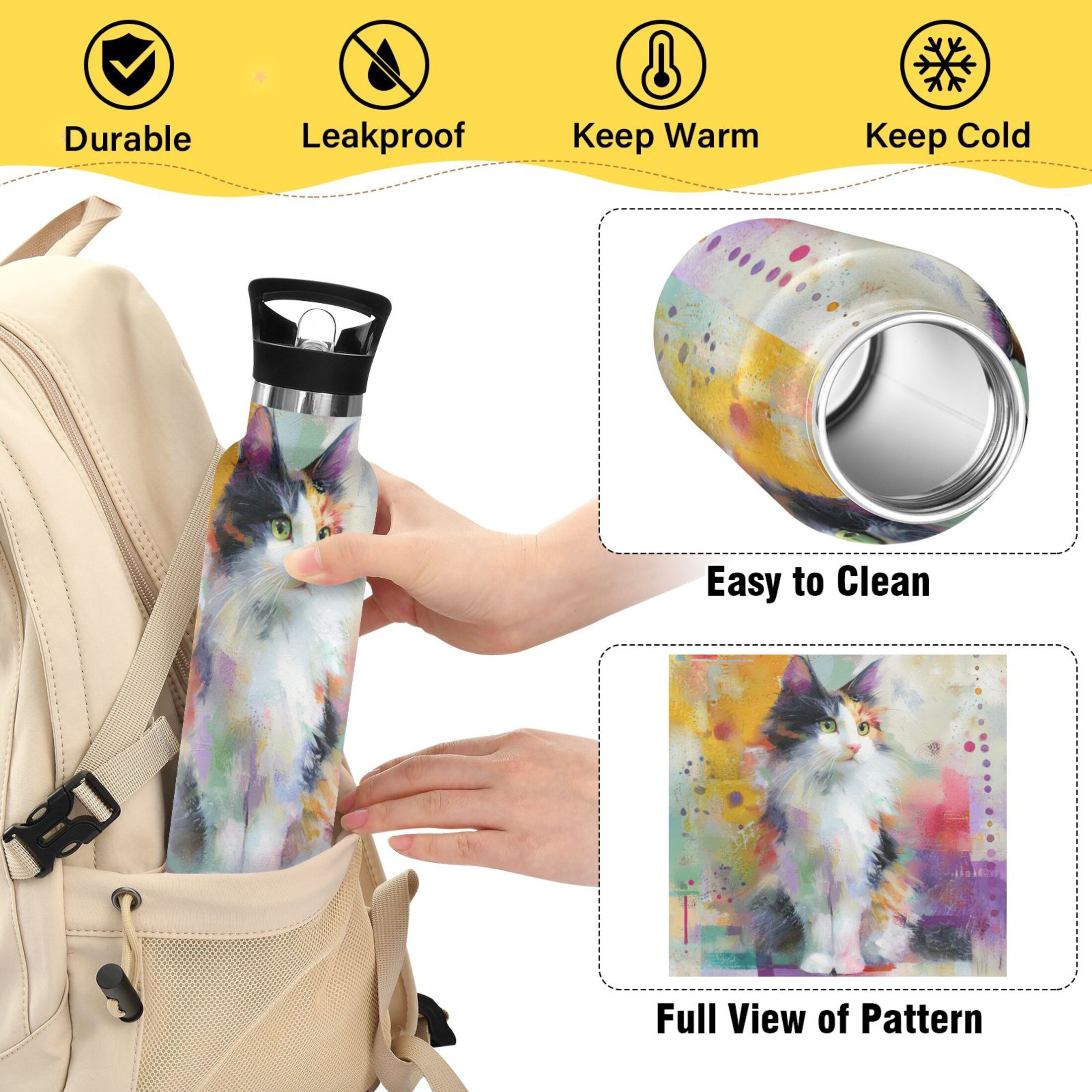 Kids Insulated Stainless Steel Sports Water Bottle 600ml (20oz) Charming Hairy Cat