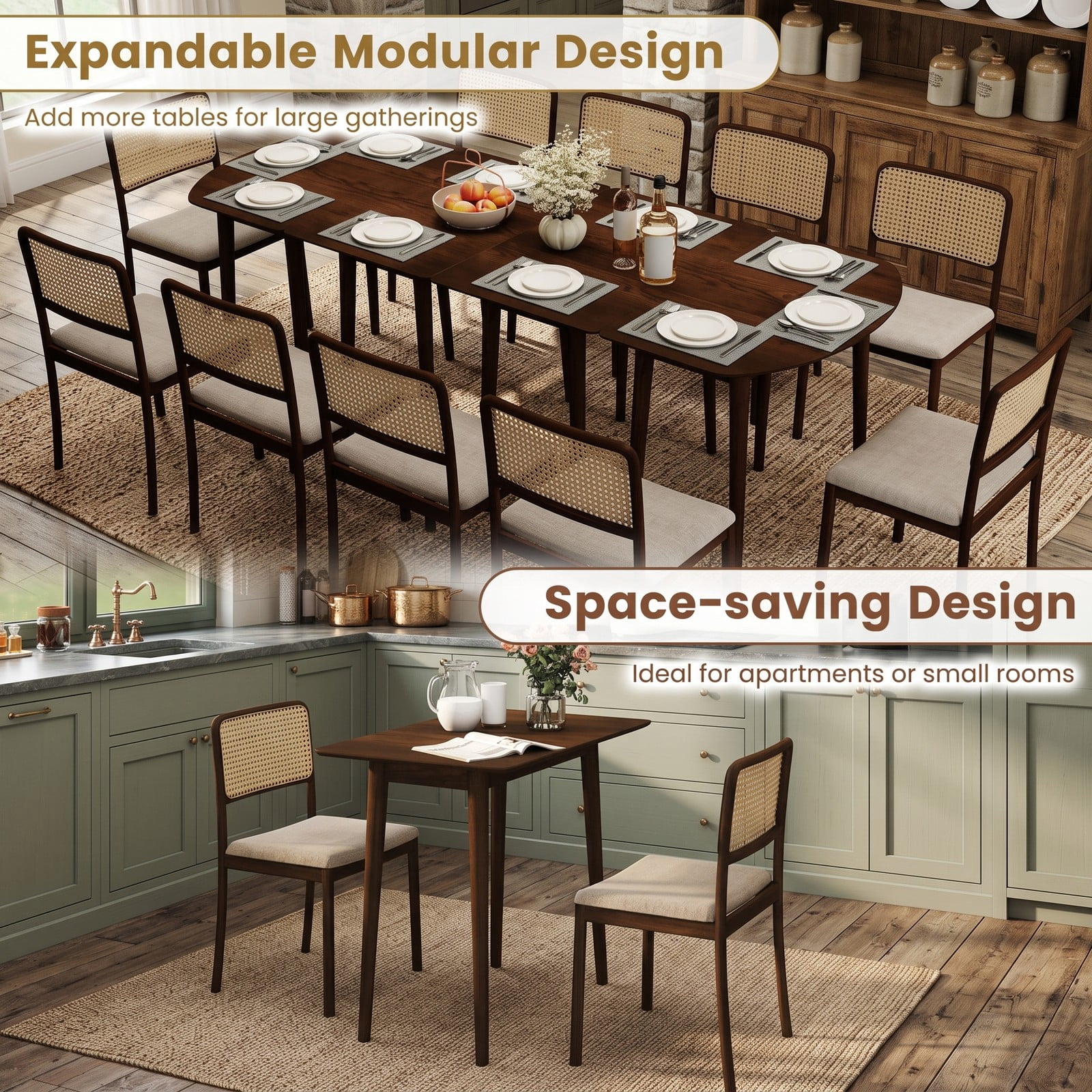 Furnibear Extendable Oval Dining Table Set with 2 Half-Round Tables, Seats 4-6, MDF and Rubber Wood Kitchen Dining Room Farmhouse Table for Small Spaces, Walnut