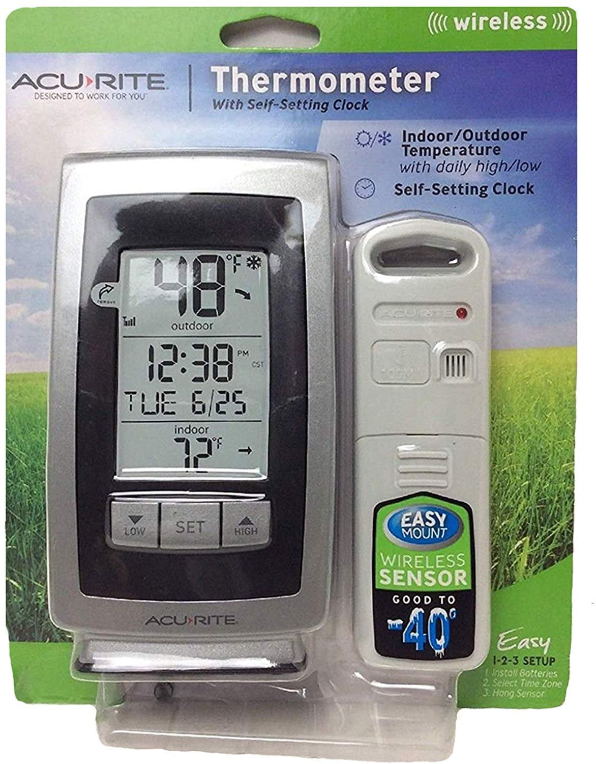 AcuRite AcuRite Wireless Indoor Outdoor Digital Thermometer with High Low Memory & Clock 