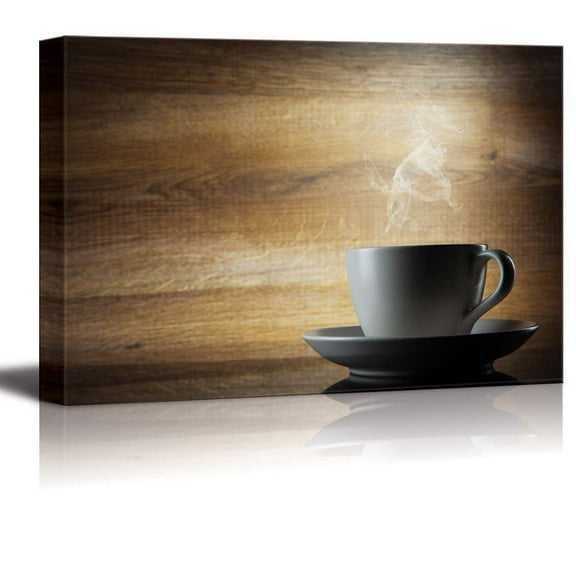 White Smoke Rising from Coffee Cup with Wooden Background - Canvas Art Wall Decor - 12" x 18"