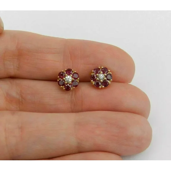 Simulated Red Ruby 1Ct Round Cut Flower Stud Earring 14k Yellow Gold Plated