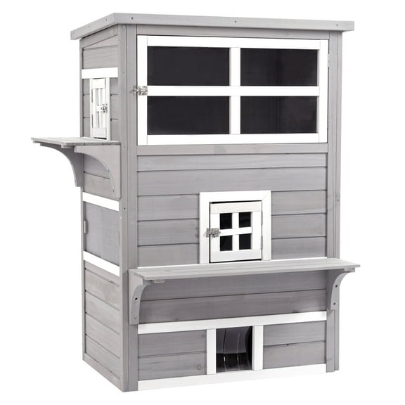 PawHut 3-Story Cat House Feral Cat Shelter Outdoor Kitten Condo with Raised Floor Asphalt Roof Escape Doors Jumping Platforms Grey