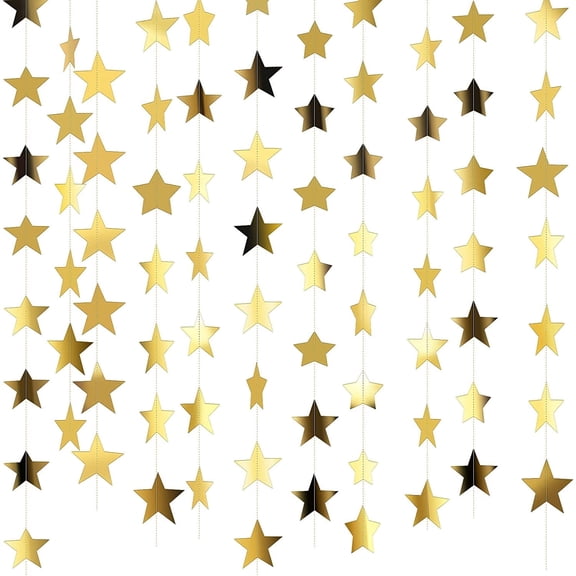 Ayieyill Glittering Gold Star Garland, 130FT Hanging Stars Banner, Star Backdrop, Perfect for Christmas Decorations, Halloween and Graduation Season