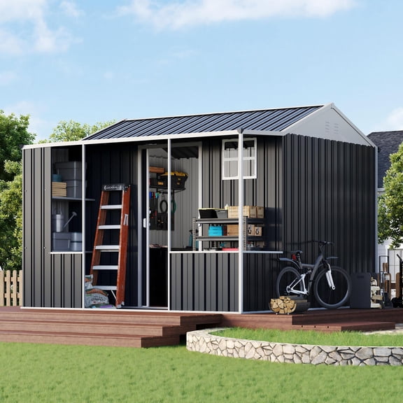 Jocisland 9x9x7 FT Metal Storage Shed, Dual-Zone Tool Shed with Work Area, Reinforced Frame, Gable Roof, Ventilated Design, Dark Grey