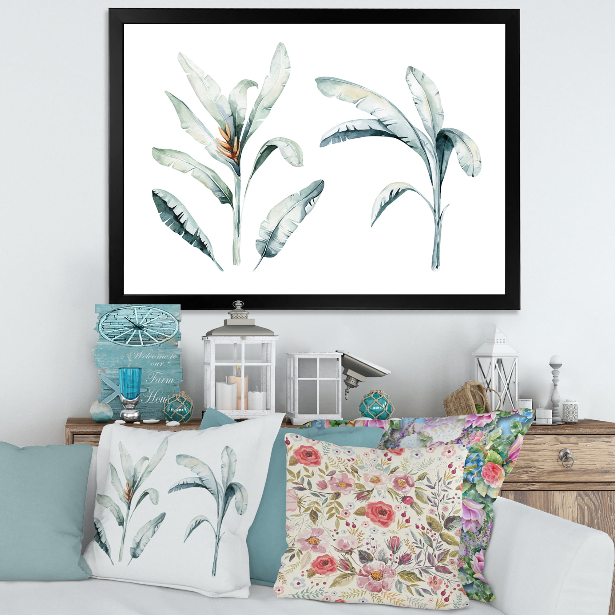 Designart 'Tropical Jungle Leaves On White' Bohemian & Eclectic Framed Art Print