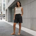 thumbnail image 4 of GUACER Women's Linen Shorts Fashion Bermuda Drawstring Pockets with Hollow Side Beach Shorts, 4 of 9
