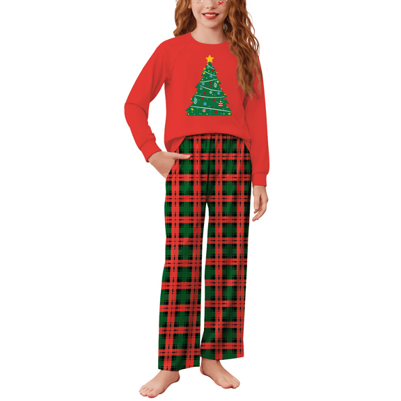Oudiya Girls Christmas Pajamas Set Holiday Pjs for Kids Santa Long Sleeve Sleepwear, 4-13Y