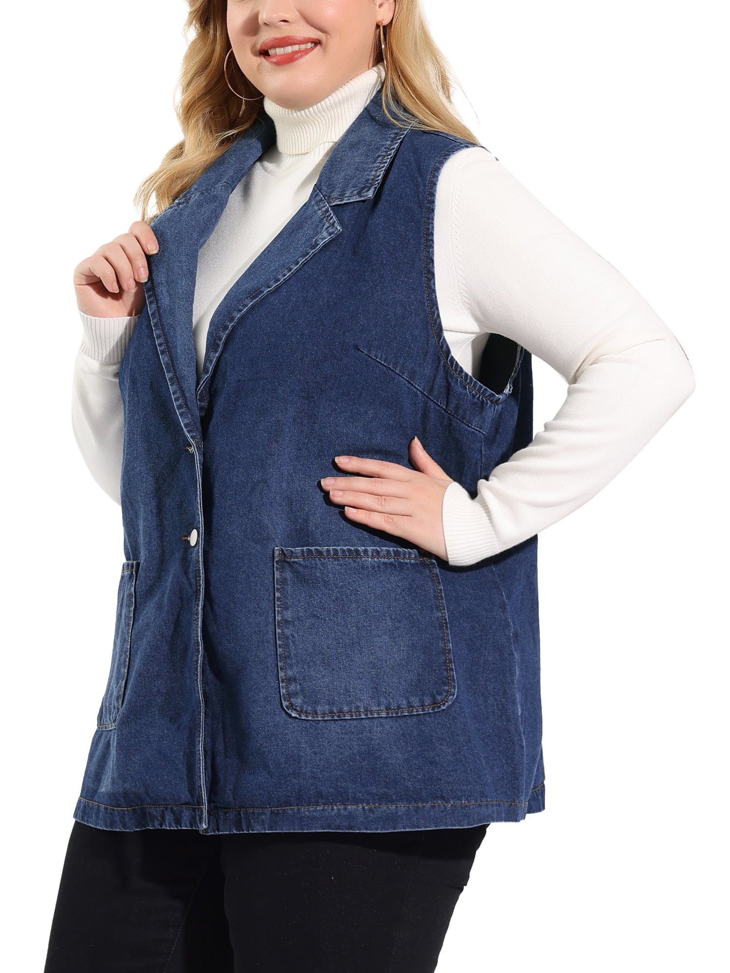 Unique Bargains Women's Plus Size Denim Sleeveless Lapel Vest Relax Notched Jacket