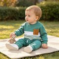 thumbnail image 4 of Xudanell Toddler Baby Boy Fall Clothes Long Sleeve Color Block Crew Neck Sweatshirt + Elastic Waist Pants Cute Kids Winter Outfits, 4 of 7