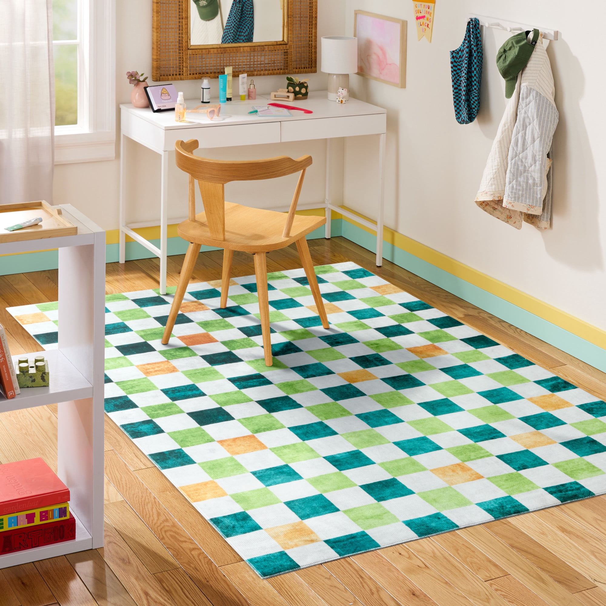 TOWN & COUNTRY PLAY Niko Checkmate Kid's Washable Area Rug, Soft & Plush, Safe Non-Slip Backing, Bedroom Rug, Dorm Decor, Playroom & Classroom Rugs, Green/Multi, 3'3"x5'2"