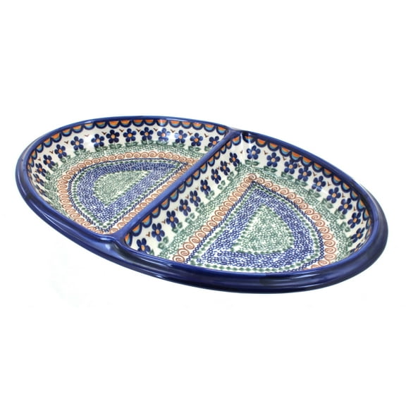 Blue Rose Polish Pottery Aztec Flower Large Divided Dish