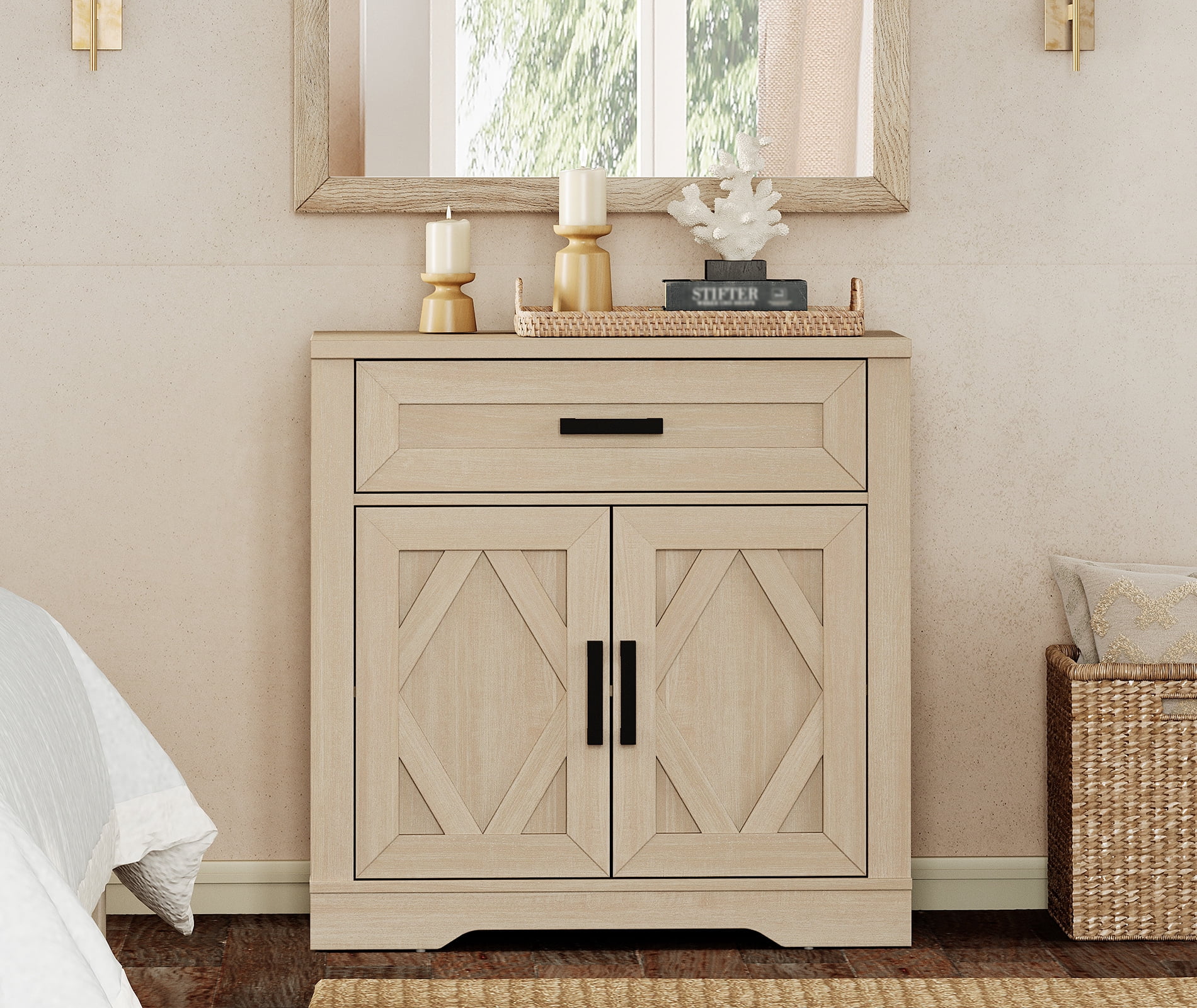 WAMPAT 31.5"W Farmhouse Buffet Sideboard with Barn Doors, Drawer & Storage, Beige