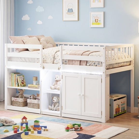 Costway Low Loft Bed with LED Light, Stairs & Guardrails, Modern Wood Kids Twin Bed White