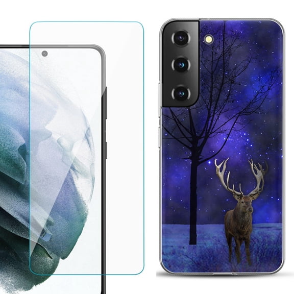 Slim-Fit TPU Fashion Phone Case for Samsung Galaxy S22 5G, with Tempered Glass Screen Protector, by OneToughShield ® - Midnight Deer