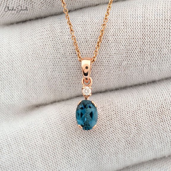 2.25 T.C.W Oval Cut Blue Topaz Natural Diamond Beautiful Designer Necklace for Women Solid 14K Rose Gold With 18 inches Chain
