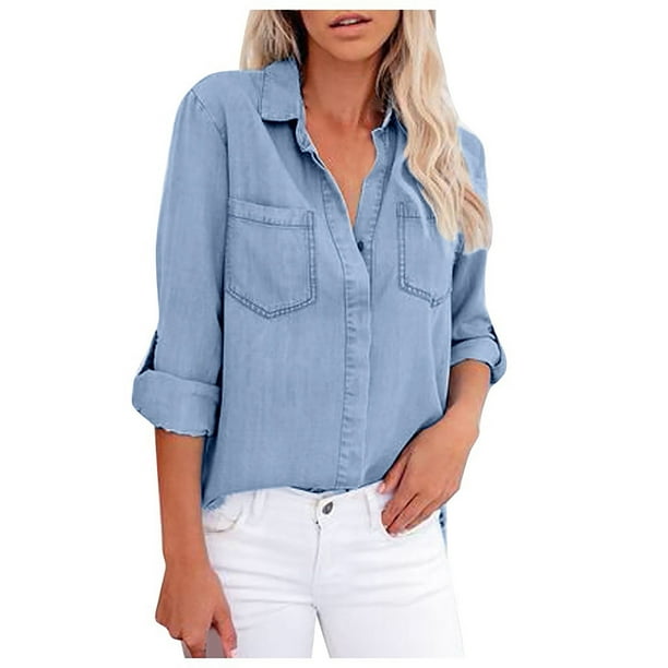 qucoqpe Long Sleeve Denim Shirts for Women Casual V-neck Lapel Roll up ...