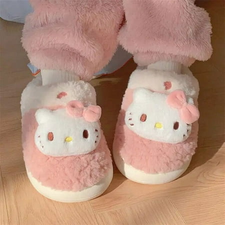 

New Anime Sanrio Hello Kitty Kuromi Melody Fluffy Cute Cartoon Cotton Slippers Autumn Winter Warm Slippers Homewear Shoes Gift