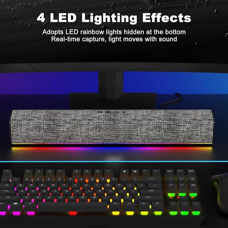 R100 Bluetooth Computer Speakers with Dynamic LED Light, USB Plug & Play PC Speakers with Switch Button, Clearly Sound Soundbar for Desktop Laptop Monitor(USB-C to USB Adapter Included)