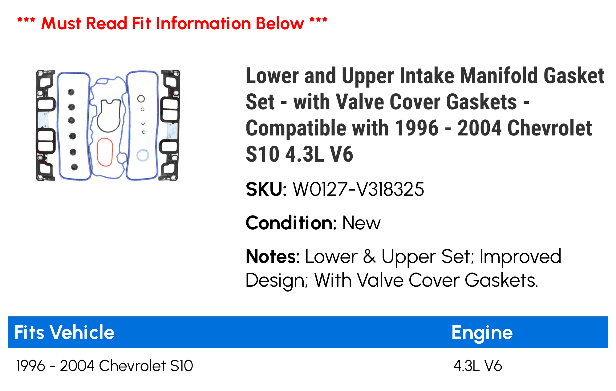 Lower and Upper Intake Manifold Gasket Set with Valve Cover Gaskets  Compatible with 1996 2004 Chevy S10 4.3L V6 1997 1998 1999 2000 2001 2002  2003