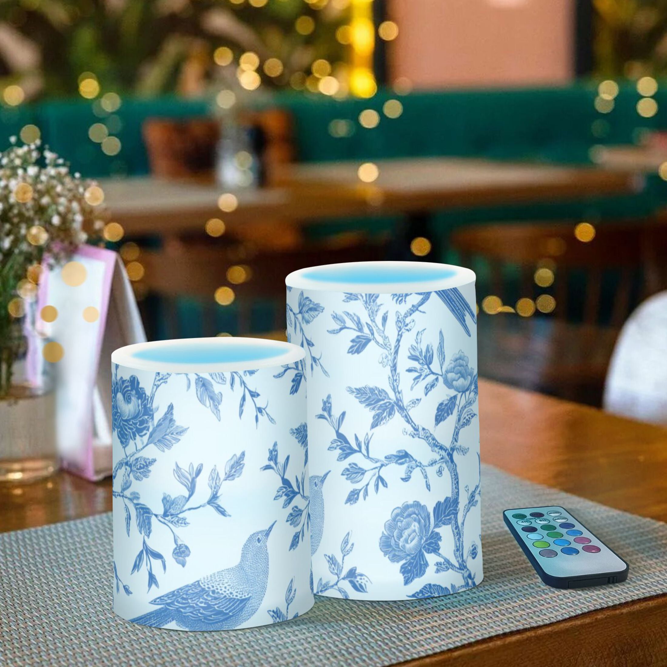 Blue Ink Birds Flowers Flickering Flameless Candles LED Tealight Battery Operated with Remote Set of 2 Holiday Decor Ornaments