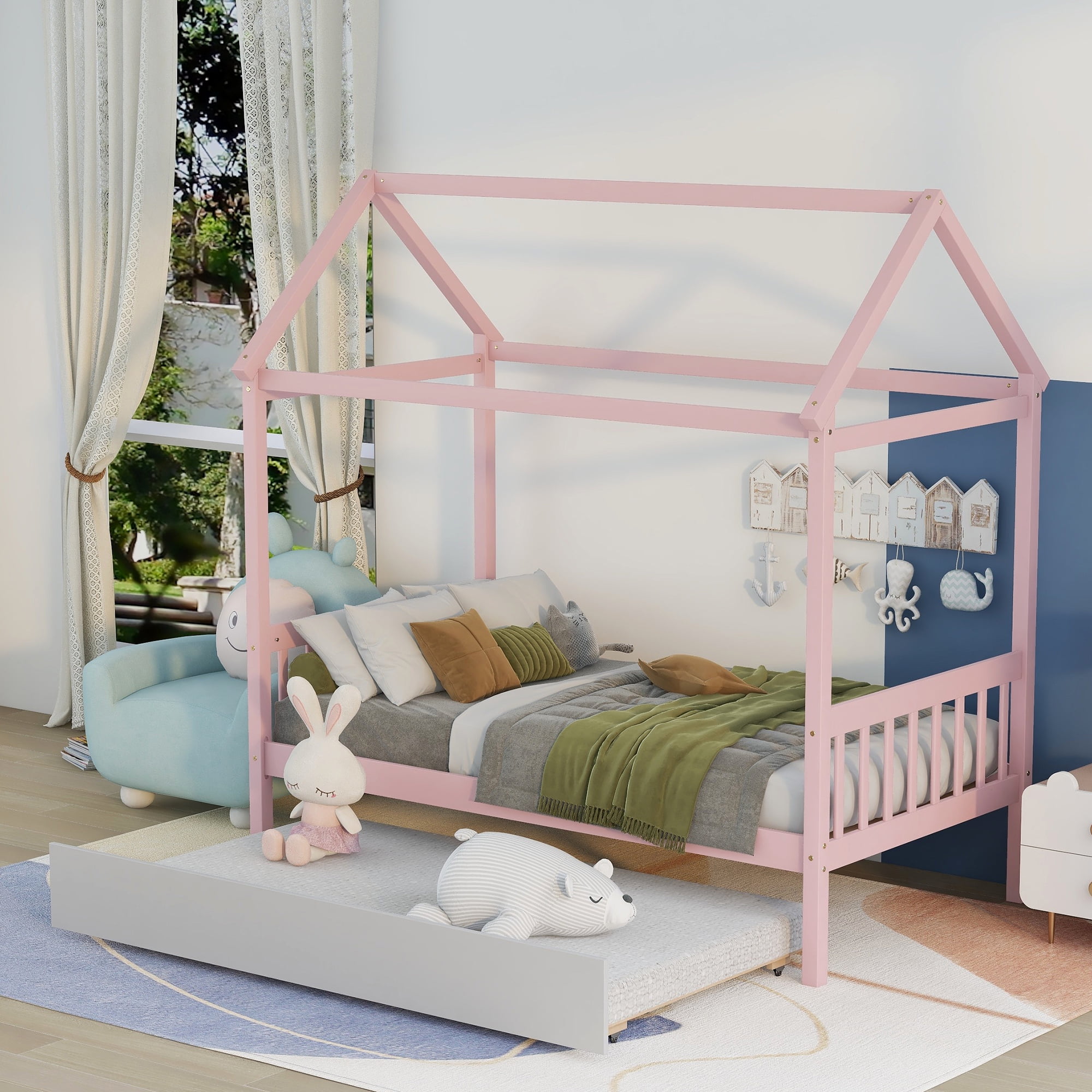 EUROCO Pine Wood House Bed with Trundle for Kids Bedroom, Pink