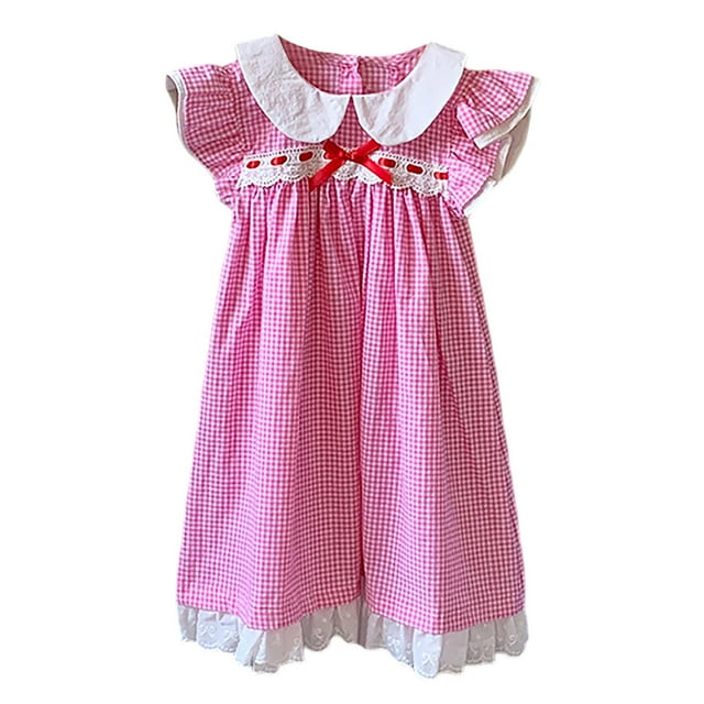 Robes Décontractées pour Filles Tout-Petits Été Imprimé à Carreaux Col Rabattu Manches Volantes Dentelle Robe de Fête Quotidienne, Rose, 2-3 Ans