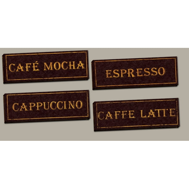 Vintage Paris Cafe Signs; Cappucino, Espresso, Caffe Latte, Caffee Mocha; Kitchen Decor; Four 20x8in Hand-Stretched Canvas