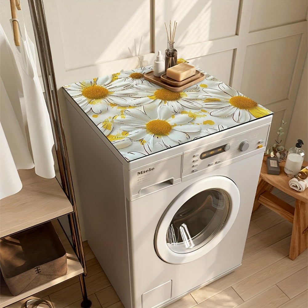 1pc, Dish Drying Pad, White Chrysanthemum Pattern Washing Machine Cover Mat, Countertop Absorbent Pad, Washstand Drain Mat, Soft Faucet Absorbent Mat, Kitchen Accessories, Bathroom Accessories
