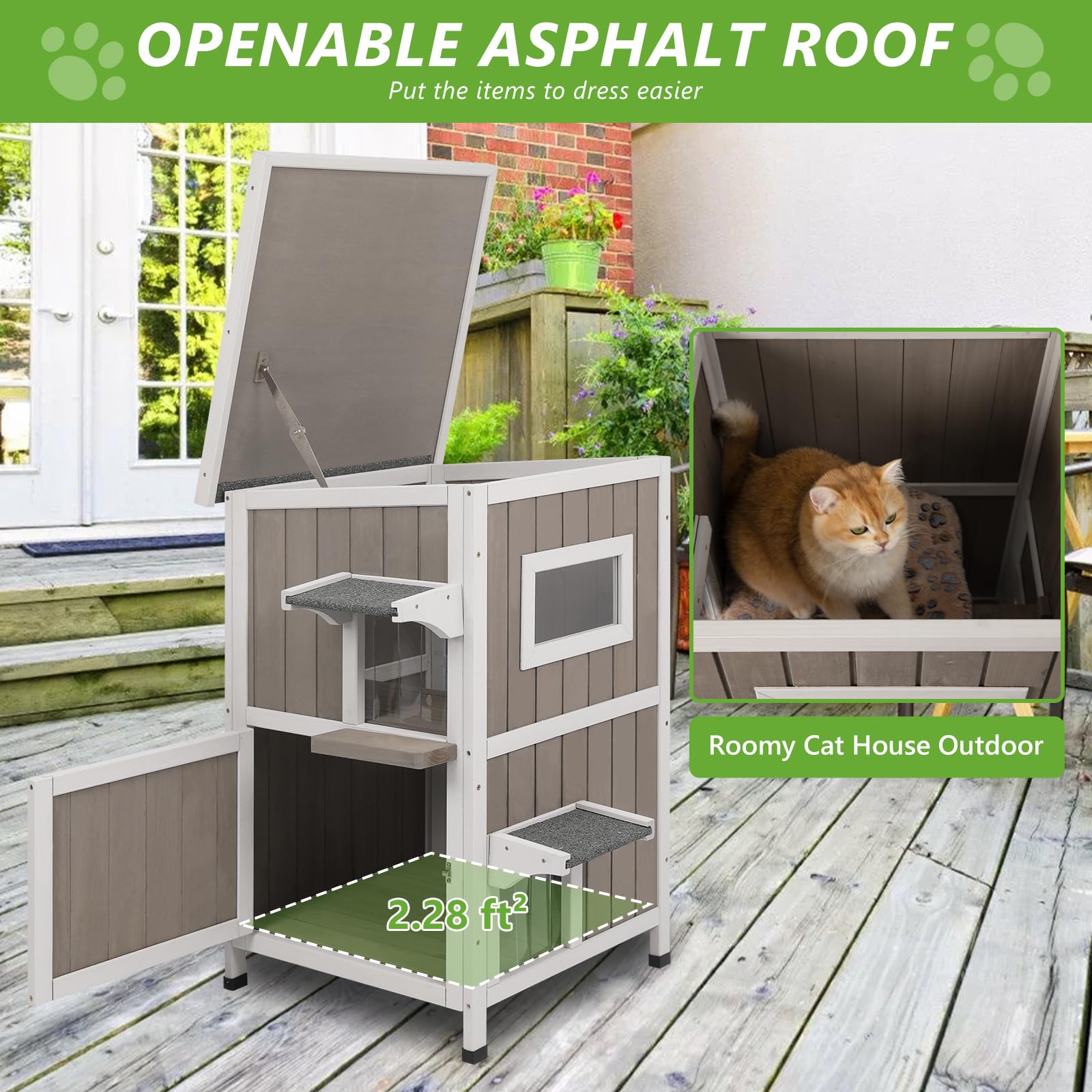 Gowoodhut Outdoor Cat House, 2-Story Feral Cat House with Escape Doors for Outside, Weatherproof