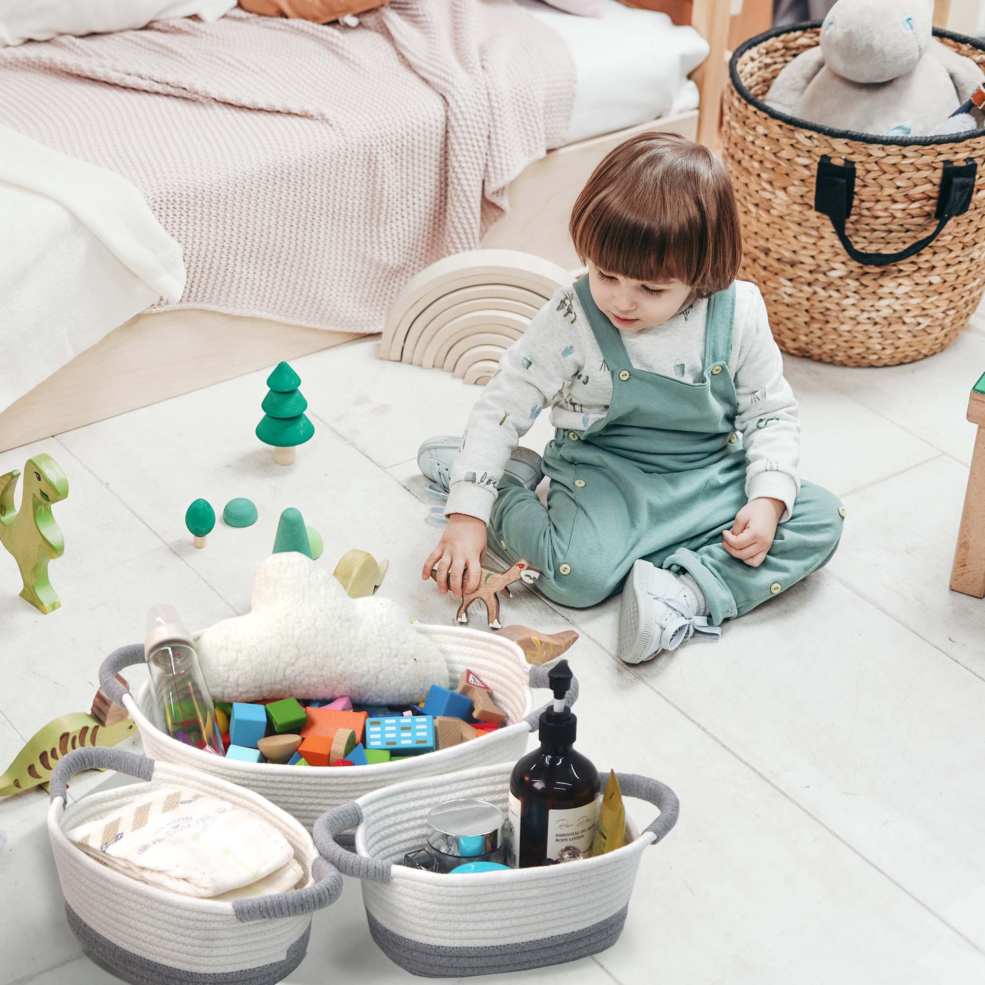 Caroeas 3-Piece Small Cotton Rope Basket, Woven Storage Basket Set, Nesting Bins for Organizing Shelves, Baby, Nursery, Toy Storage, Montessori, White and Gray