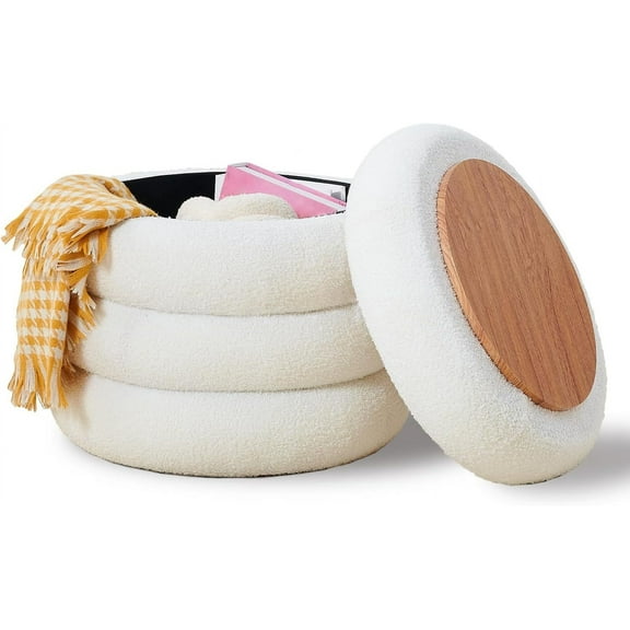 Wimarsbon Round Storage Ottoman, Modern Sherpa Footstool, Teddy Vanity Stool with Flip-Top Tray, Makeup Chair for Home Decor, Upholstered Footrest for Living Room & Bedroom (White)