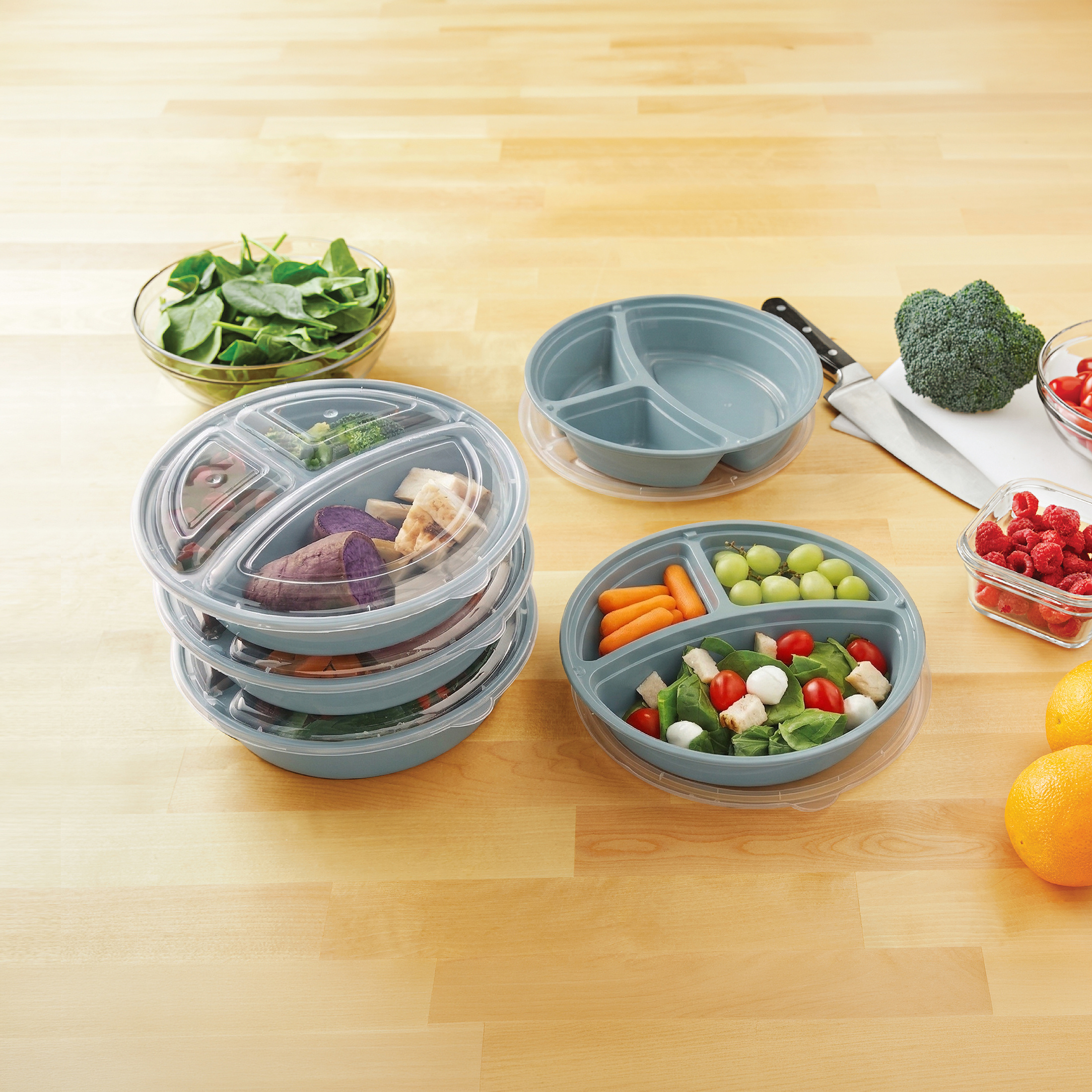 Mainstays 5-Pack 3-Compartment Round BPA-Free Plastic Meal Prep Food Storage Containers, 1L, Blue Cameo