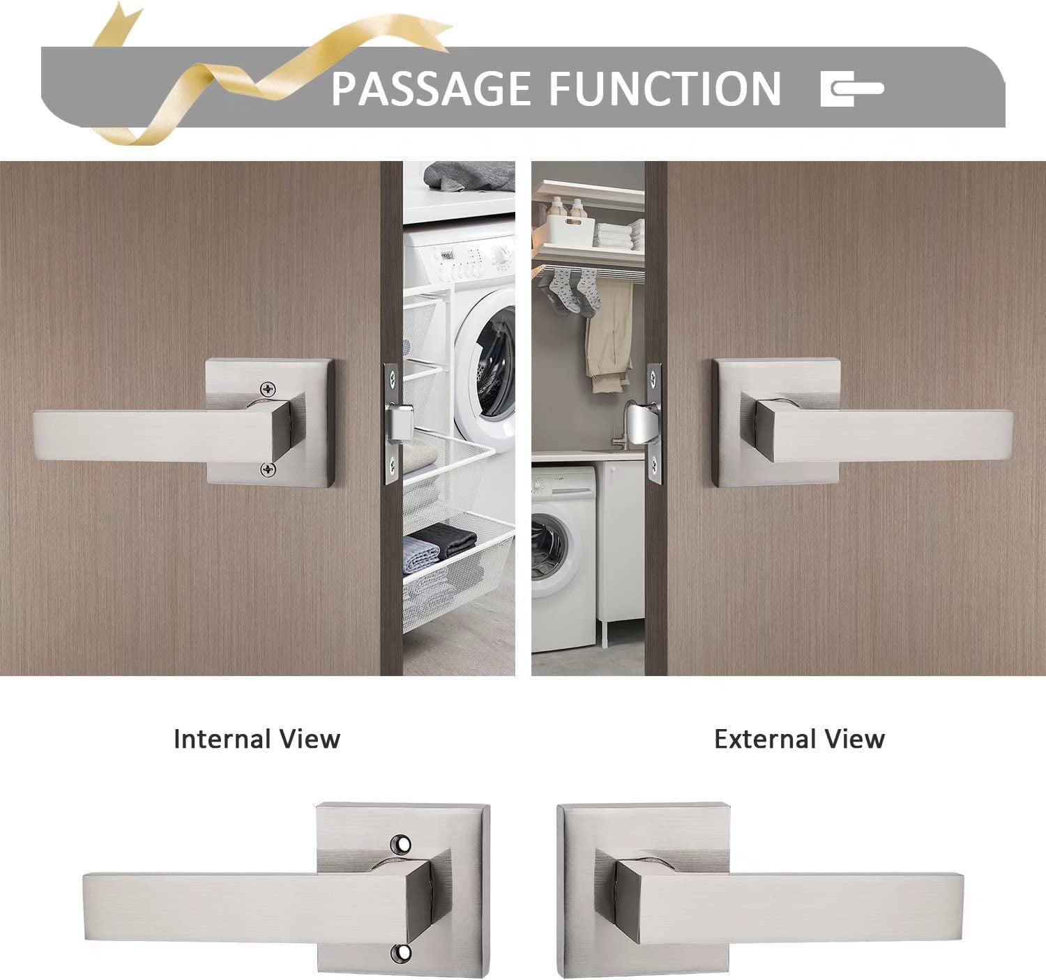 3 Pack Probrico Square Door Lever Door Lock Handle Lockset Keyless Doorknobs Passage Knobs Lockset Interior Hallway Passage Closet in Satin Nickel