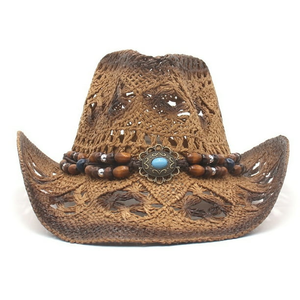 Gwiyeopda Adult Straw Cowboy Hat Roll Up Brim Cowboy Hat,One Size,with Bead Band