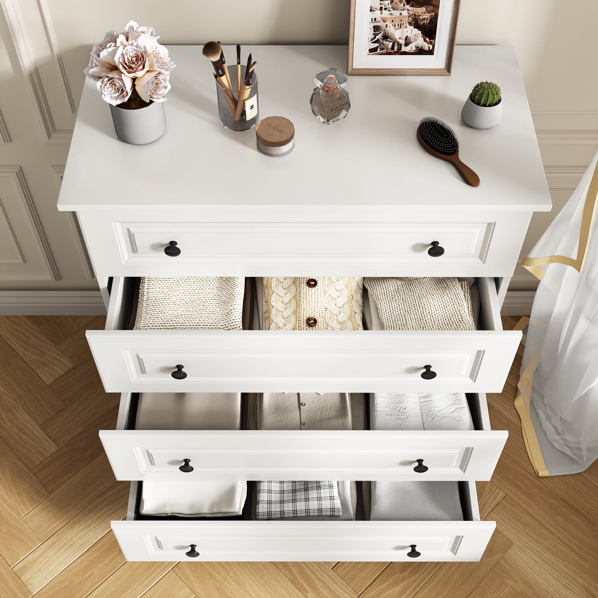 4 Drawer White Dresser for Bedroom, 35 Inch Tall Storage Chest with Large Drawers, Modern Space Saving Furniture for Hallway, Entryway (White)
