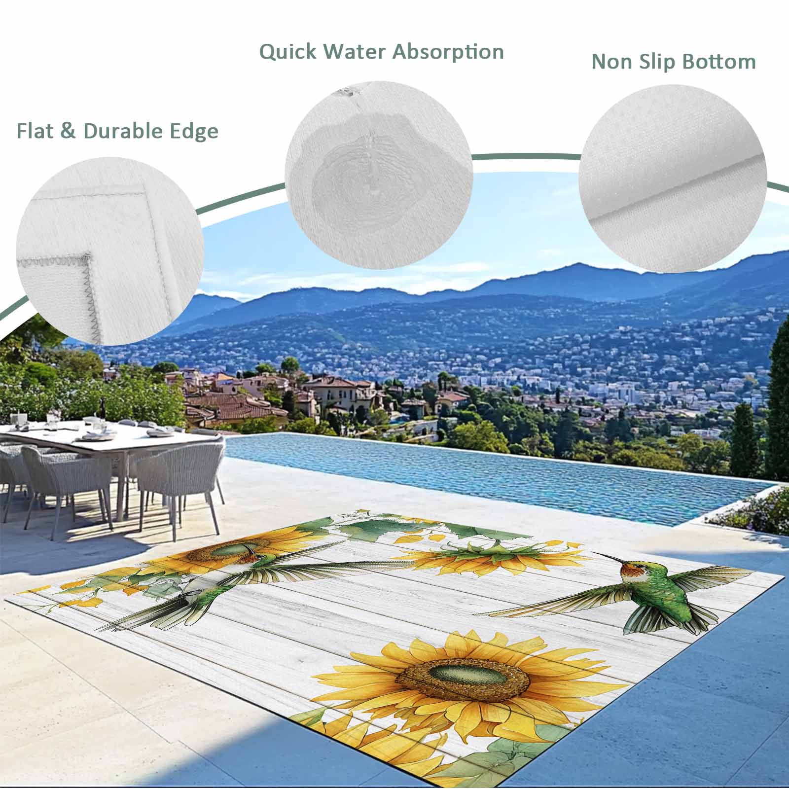 Fsddascl Sunflower Outdoor Rug for Patio/Deck/Porch, Non-Slip Large Area Rug 4 x 6 Ft, Yellow Summer Botanical Hummingbird Indoor Outdoor Rugs Washable Area Rugs, Reversible Camping Rug Carpet
