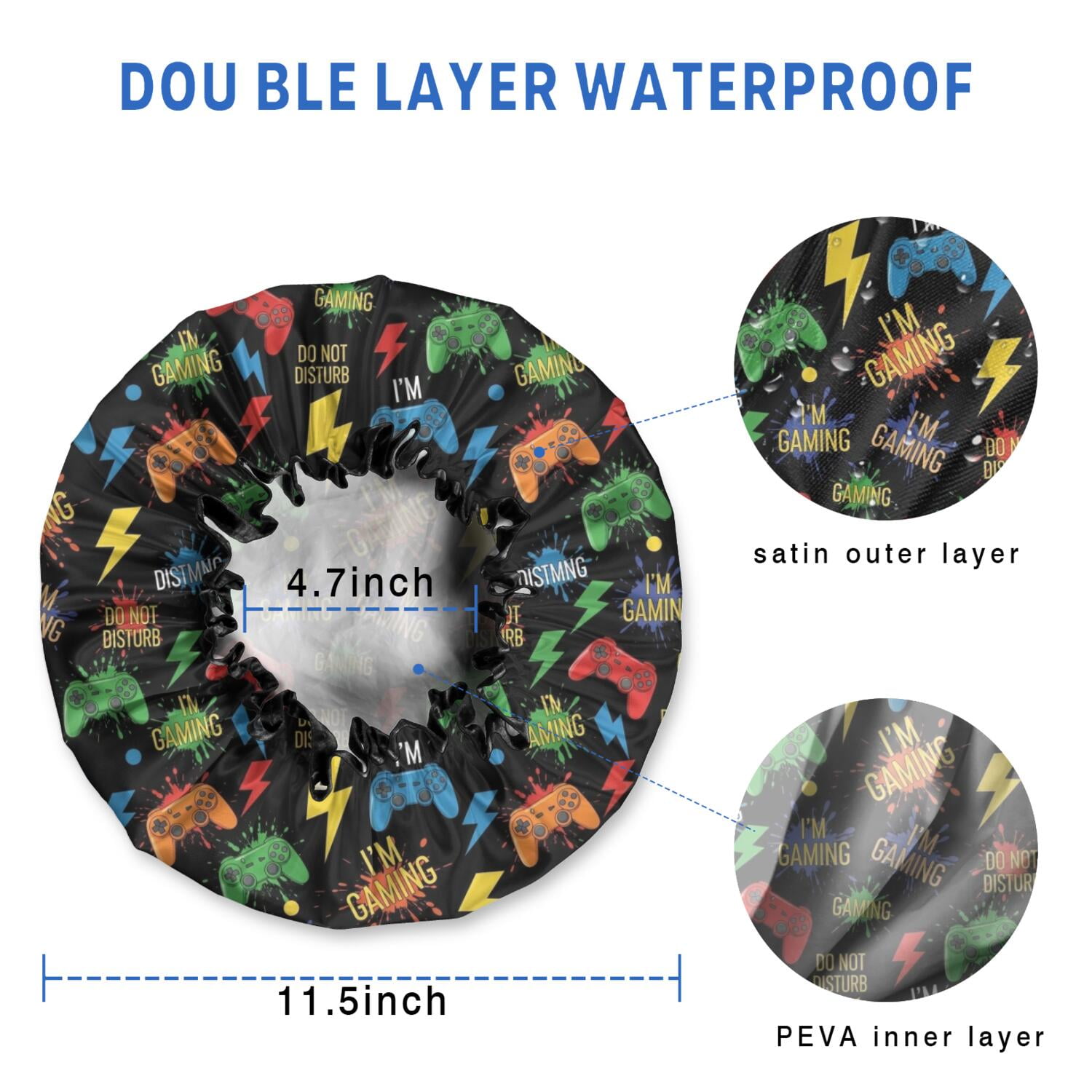 Shower Caps,Colorful Controllers Games Words Black Pattern Waterproof Shower Cap for Women 4 Pieces,Double Reusable Hair Cover for Shower PEVA Elastic Stretch Hem