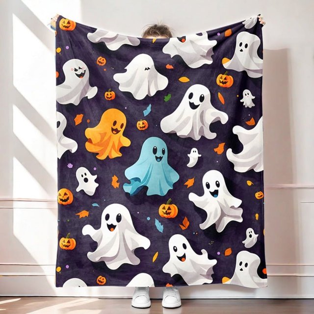 Manta de franela ligera y acogedora con diseño de fantasmas y calabazas de Halloween para sofá, dormitorio, sala de estar, 60 x 80 H-1