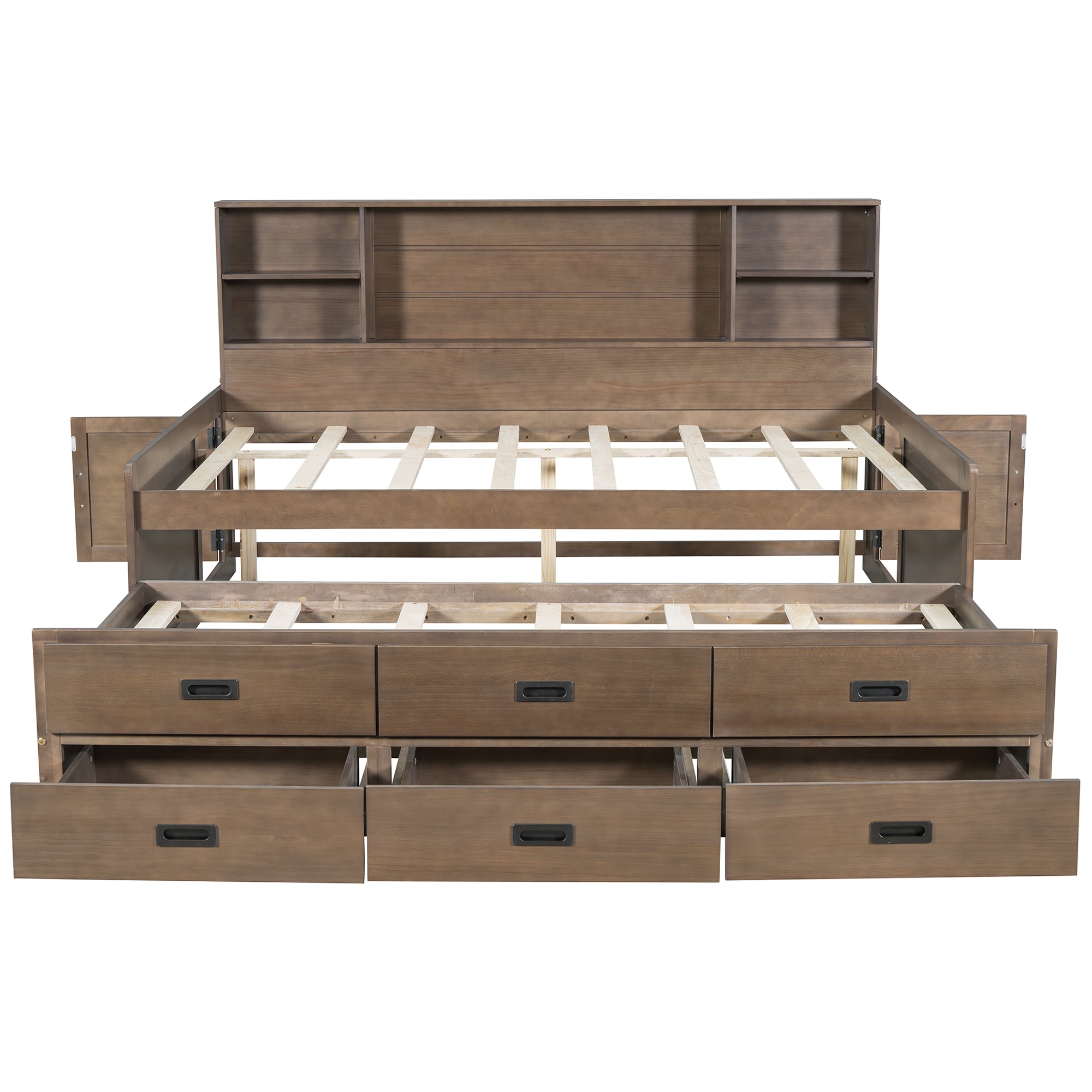 PORKISS Full Size Daybed, Wooden Captain Daybed with Storage Bookcase Headboard, Modern Captain’s Bed with Twin Size Trundle and Storage Drawers for Kids, Teens, No Box Spring Needed, Walnut